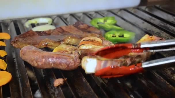 Fazer Churrasco Com Costeletas Salsichas Carne Legumes — Vídeo de Stock