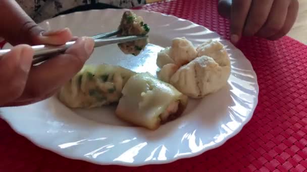 Time Lapse Someone Eating Delicious Yum Cha Pair Steel Chopsticks — Vídeo de stock