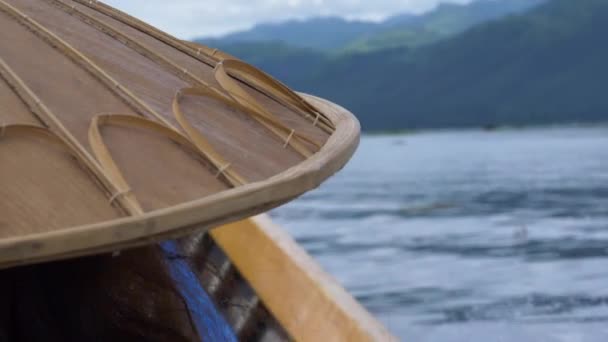 Traditional Myanmar Bamboo Hat Person Boating Inle Lake Slow Motion — Stock Video