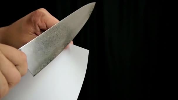 Carta Taglio Affilata Con Facilità Dimostrazione Coltello Chef Affilato — Video Stock