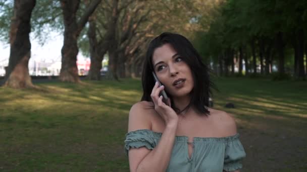 Retrato Mulher Sorridente Usando Smartphone Para Fazer Uma Chamada Enquanto — Vídeo de Stock