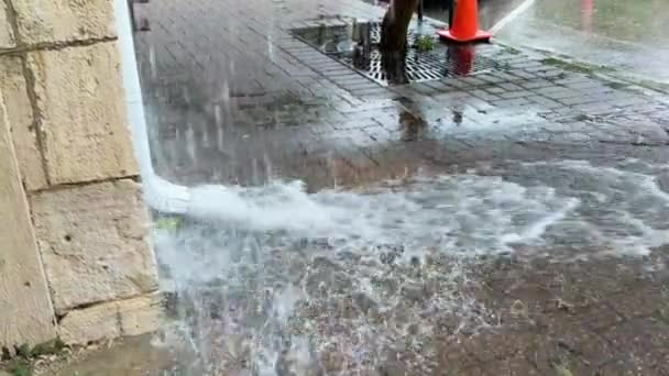 Během Silného Lijáku Déšť Řítí Okapem Městskou Dlažbu — Stock video