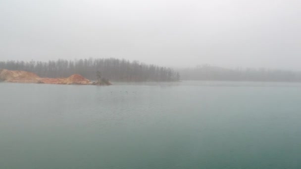 Чотири Качки Злітають Озера Летять Камерою Ними — стокове відео