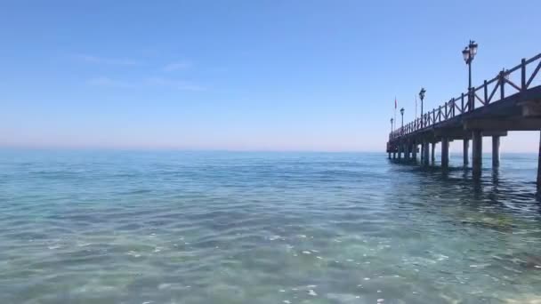 Beautiful Scene Drone Flying Pier Beach Mediterranean Sea Coastline Costa — Stock Video