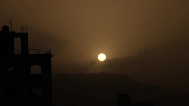 Tijd Ronden Voor Het Bouwen Met Oranje Zonsondergang Jemen Sana — Stockvideo