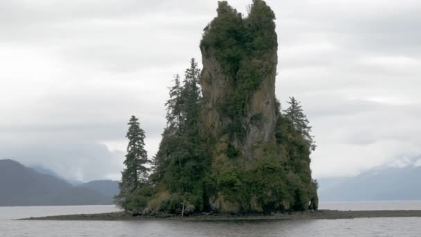 Medium Shot New Eddystone Rock Alaska Revealing Large Rock Isle — Stock Video