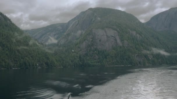 Hidroavión Vuela Lejos Bajo Través Fiordo Alaska Estela Barco Centra — Vídeos de Stock