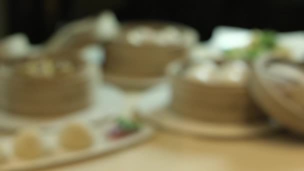 Chinese Dumplings Served Wooden Steamers — Stock Video