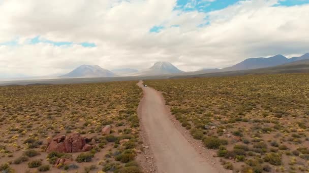 Fotografía Cinematográfica Aérea Siguiendo Camino Tierra Que Aproxima Coche Desierto — Vídeo de stock