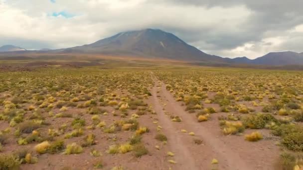 Fotografía Cinematográfica Acción Aérea Siguiendo Camino Tierra Que Aproxima Volcán — Vídeo de stock