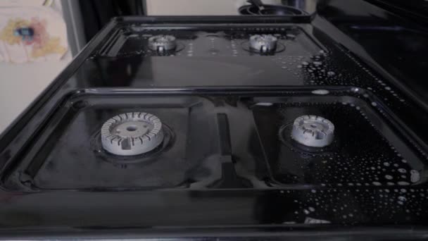 Καθαρισμός Φούρνου Και Τρίψιμο Καθαρισμός Της Σόμπας Σαπούνι Και Σφουγγάρι — Αρχείο Βίντεο