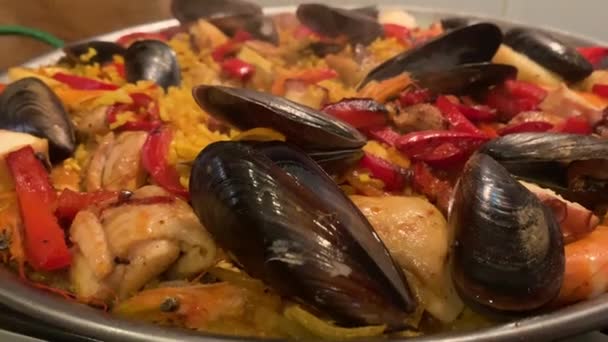Traditional Spanish Paella Just Finished Cooking Close Macro Steam Rising — Stock Video