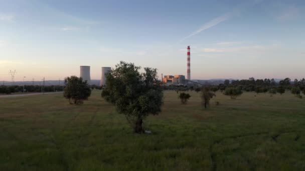 Planta Termoeléctrica Drone Disparo Atardecer Revelar Disparo Detrás Árbol Portugal — Vídeos de Stock