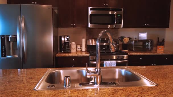 Tracking Shot Home Kitchen Appliances Low Lighting California Usa — Stock Video