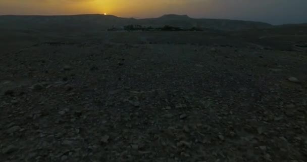在一个有沙丘和棕榈树的炎热沙漠中的绿洲 — 图库视频影像