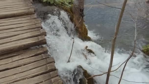 瀑布从这个人的脚下流过 使得木制的人行道流入了普里特维奇国家公园的湖中 — 图库视频影像