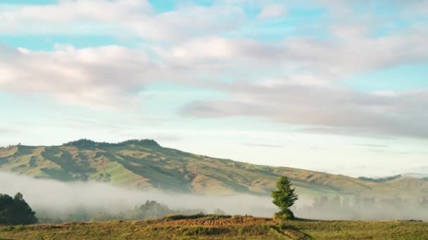 Motion Timelapse Luz Mañana Nubes Niebla Prado Las Montañas Verdes — Vídeos de Stock