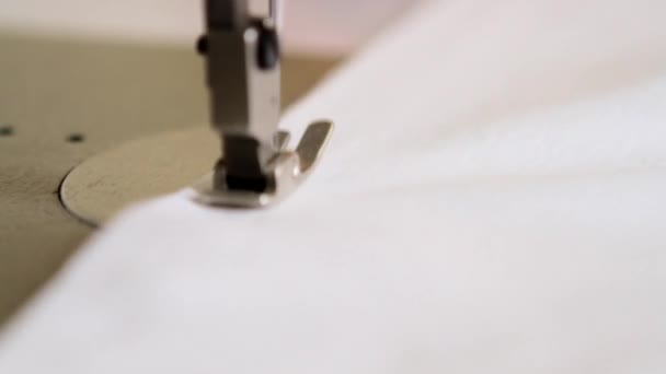 Close Sewing Machine Operated Tailor Sewing White Piece Cloth — Stock Video