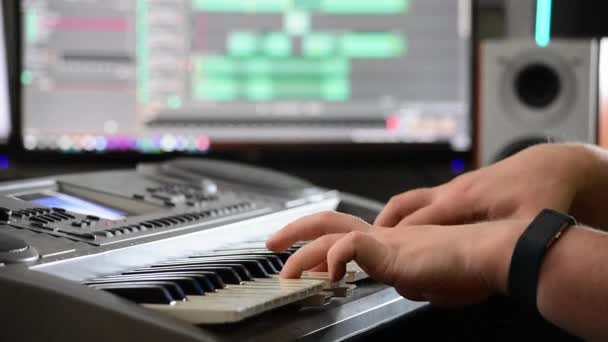 Shot Musician Hands Playing Chords Keyboard Home Recording Studio — Stock Video