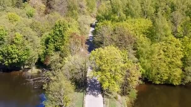 Een Witte Personenauto Die Een Brug Een Meer Rijdt Luchtfoto — Stockvideo