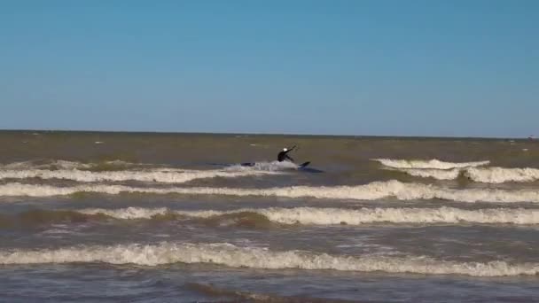 オハイオ州クリーブランドのエリー湖の海岸からサーフィン ウィンドサーファーが風に吹かれて — ストック動画