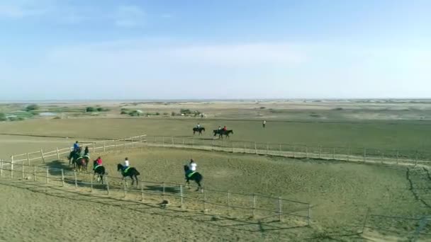 Crianças Equitação Cavalos Aérea Tiro 1080P Câmera Lenta — Vídeo de Stock