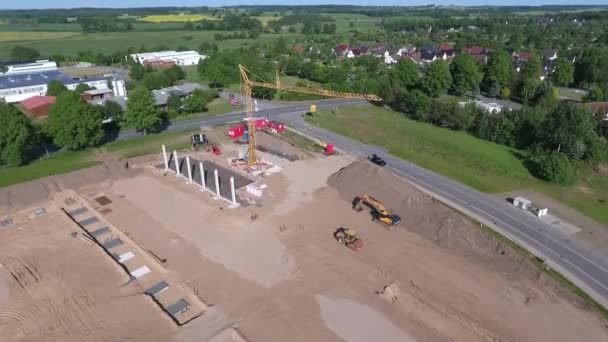 Drone Flies Large Construction Site Which Huge Production Hall Being — Stock Video