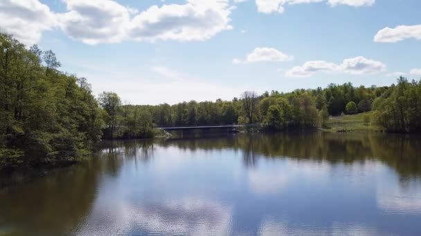 Luchtfoto Klein Meer Omgeven Door Groene Bomen Neergeschoten Door Een — Stockvideo