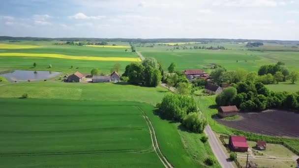 Landelijke Luchtfoto Pools Platteland Klein Dorp Velden Huizen Drone Beelden — Stockvideo