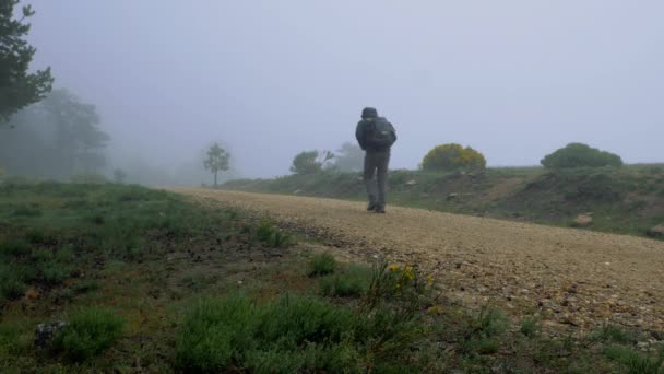 Hombre Subiendo Por Sendero Con Una Mochila Una Niebla Día — Vídeos de Stock