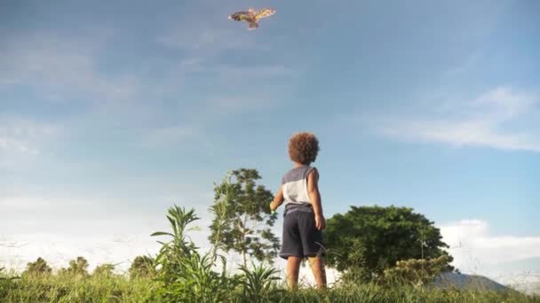 アフリカで凧を飛ばしている少年の後ろの低い位置からまだスローモーションが撃たれています — ストック動画