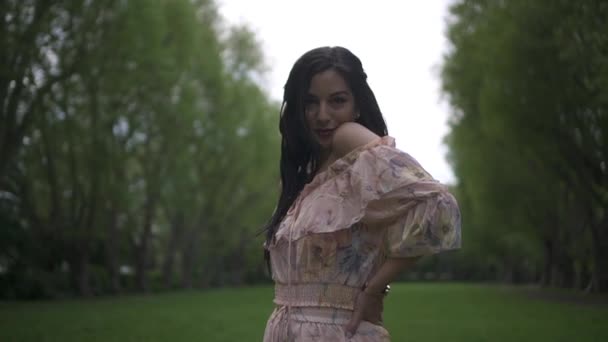Tilt Gorgeous Hispanic Brunette While Modeling Looking Camera Slow Motion — Stock Video