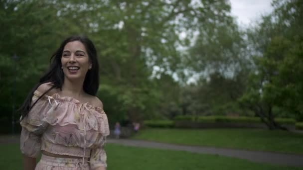 Attractive Carefree Brunette Tourist Spinning Floral Dress Park London Happy — Stock Video