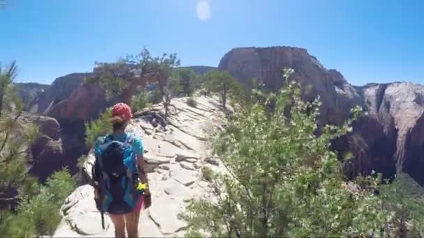 Mujer Joven Con Mochila Está Caminando Cresta Angel Landing Parque — Vídeo de stock