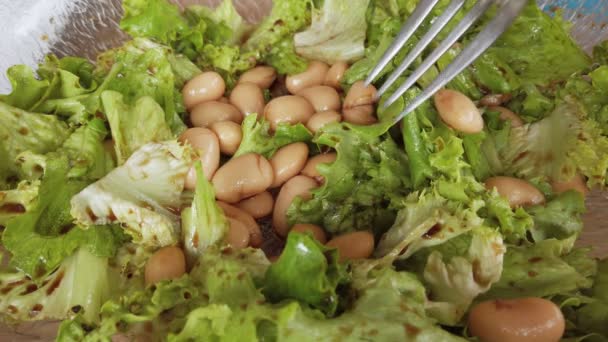 Comida Saludable Ensalada Casera Sin Preparar Con Salmón Hilo Verde — Vídeo de stock