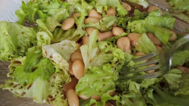 Egészséges Étkezés Unszínre Házi Saláta Lazac Zöld String Barna Bab — Stock videók