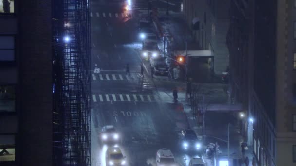 Auto Rijden Straat Avond Manhattan Street New York Winter Sneeuw — Stockvideo