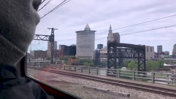 Public Train Ride Downtown Area Cleveland Ohio Riding Subway City — Stock Video