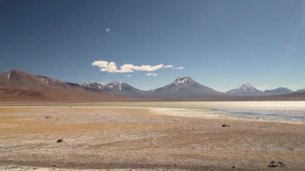 Laguna Sale Vicino Vulcani Nel Mezzo Del Deserto Atacama Cile — Video Stock