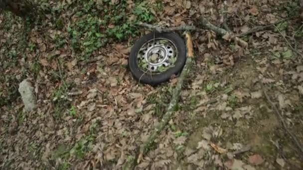 Ausrangierter Autoreifen Waldboden Liegend Umweltkatastrophe Hochgeschossen Blick Auf Den Boden — Stockvideo