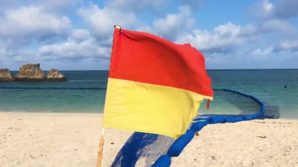 Tattered Red Yellow Surf Life Saving Flag Blowing Wind Inglés — Vídeos de Stock