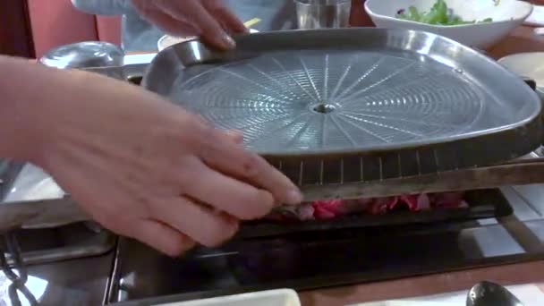 Traditional Korean Bbq Being Prepared Table Side Waitress Preparing Hot — Stock Video