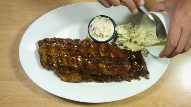 Top Steady Shot Bbq Ribs Steak Side Dish — Stock Video