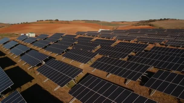 Een Lage Hoogte Drone Schot Langs Enkele Lijnen Van Zonnepanelen — Stockvideo