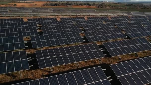 Luchtopname Van Lage Hoogte Enkele Lijnen Van Zonnepanelen — Stockvideo