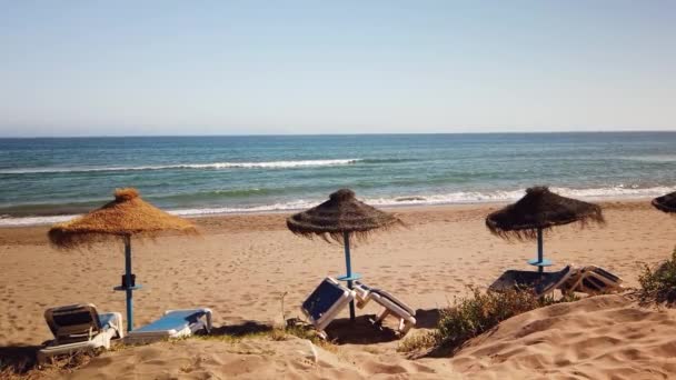 Sunny Beach Day Calm Sea Small Waves Spanish Summer Holiday — Stock Video