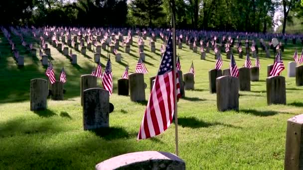 Powiewająca Amerykańska Flaga Umieszczona Grobach Amerykańskich Żołnierzy — Wideo stockowe