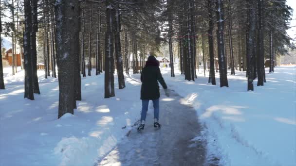 Mulher Patinação Gelo Trilha Gelo Durante Inverno — Vídeo de Stock