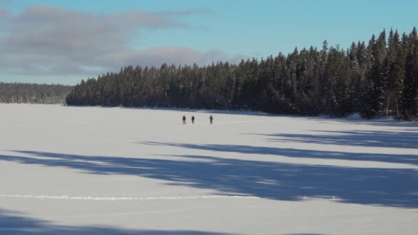 Άνθρωποι Διασχίζουν Μια Παγωμένη Λίμνη Χειμώνα — Αρχείο Βίντεο