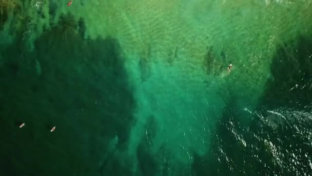 Cinematic Bird Eye Drone Shot Seguito Surfista Che Cattura Onda — Video Stock